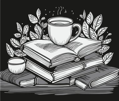 Kahve ve kitap, tasarımın için çizim. vektör illüstrasyonu.