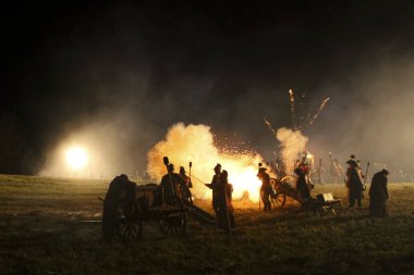 29. November 2024: The battle of Austerlitz, traditional reenactment. Explosions and smoke from cannons and rifles from the Napoleonic troops in Battle of Austerlitz 2 December 1805. Artistic photos clipart