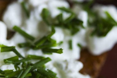 Krem rengi süzme peynirin üzerindeki taze soğanları kızarmış ekmek ve domatesle kapatın. Sağlıklı biyo yemek.