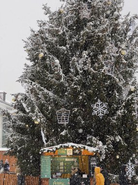 6 Aralık 2024, Brno, Çek Cumhuriyeti: Kasaba meydanında kış atmosferi Noel süslemeleri ile birlikte Zelny trh. Geleneksel dış pazarda alışveriş yapan insanlar. Kar yağıyor