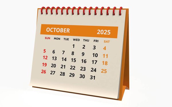 Календарь стоя Октябрь 2025. Бизнес-месячный календарь с красной спиралью, неделя начинается в воскресенье. Страницы с оранжевым заголовком, изолированные на белом фоне, 3D рендеринг
