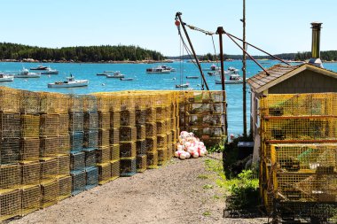Mavi ve Sarı Istakoz Tuzakları Stonington, Maine Rıhtımındaki İskeleye Yığıldı
