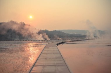 Geyser Basin Steam Yellowstone National Park Pink Sunrise clipart