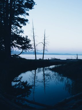 Alacakaranlık Mavisi Silueti Yellowstone Gölü 'nde Dikey Yansıma Günbatımı