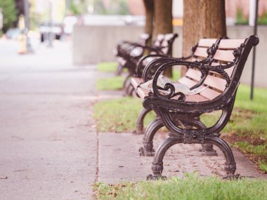 Saratoga Springs 'te kaldırımda eski banklar