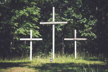 Kutsal Cuma Tarlada Çiçeklerle Üç Tahta Haç