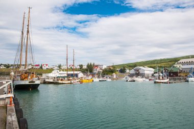 Husavik Iceland - July 15. 2021: View over port of Husavik in North Iceland