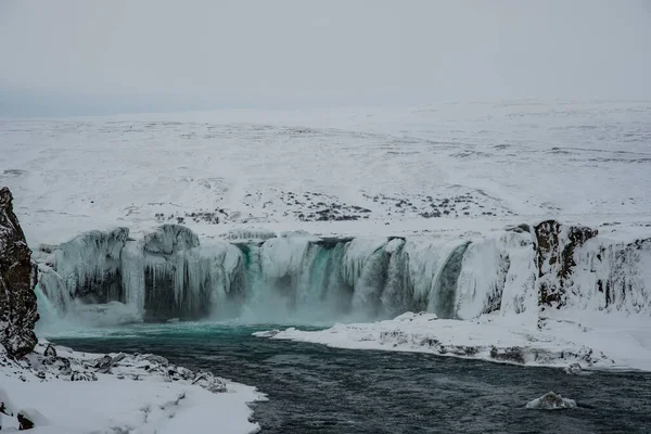 Cascata Godafoss Nel Nord Dell Islanda Una Giornata Invernale Nevosa — Foto Stock