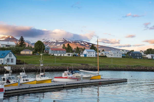 Kilátás Hajók Kikötő Hrisey Észak Izland Felé Falu — Stock Fotó