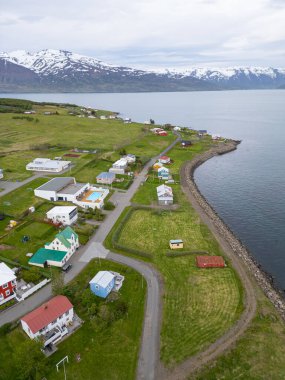 Kuzey İzlanda 'daki Hrisey adasındaki köyün hava görüntüsü.