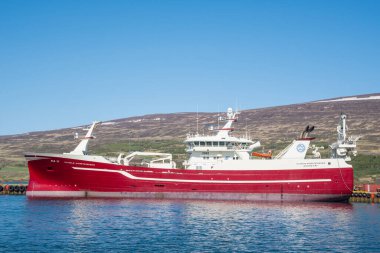 Akureyri İzlanda, 31 Mayıs 2023: Pelajik balıkçı teknesi Vilhelm Thorsteinsson, Akureyri Limanı