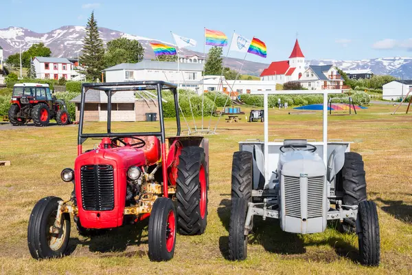 stock image Hrisey Iceland, July 19. 2023: Old vintage tractors parked in a line
