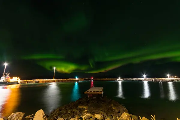 stock image Aurora borealis in village of Hrisey in North Iceland