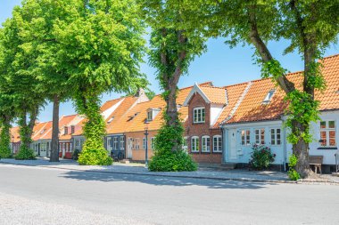 Danimarka 'nın Fyn adasındaki Bogense kasabasındaki binalar güneşli bir yaz gününde