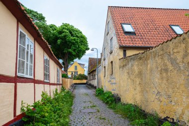 Danimarka 'nın Mon adasındaki Stege kasabasında cadde yakınındaki binalar