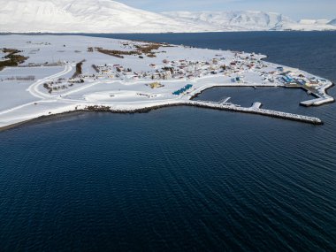 İzlanda 'da Hrisey adasının karla kaplı havadan görünüşü