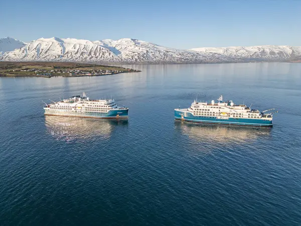 Hrisey, İzlanda - 6 Haziran. 2024: Eyjafjordur 'da SH vega ve SH Diana yolcu gemileri