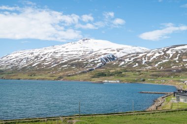 Güneşli bir yaz gününde Kuzey İzlanda 'daki Grenivik kasabası manzarası
