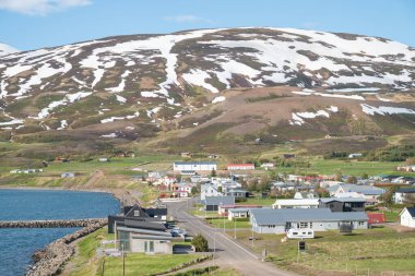 Güneşli bir yaz gününde Kuzey İzlanda 'daki Grenivik kasabası manzarası