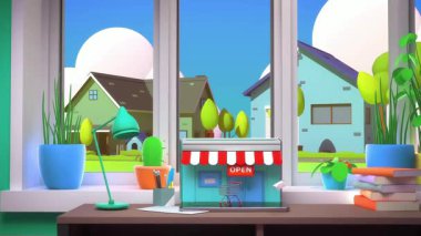 Çizgi film ev içinin 3 boyutlu illüstrasyonu