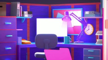 Bir bilgisayar ekranı ile modern ofisin 3 boyutlu canlandırması