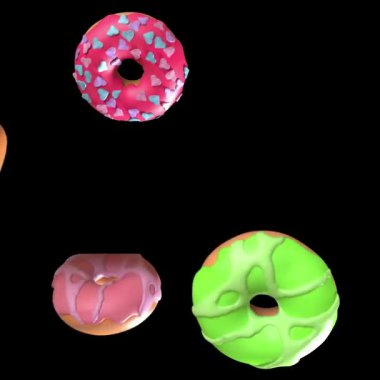 Siyah zemin üzerine serpiştirilmiş donut, 3 boyutlu illüstrasyon