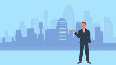 Şehir arka planında vektör tasarımı olan takım elbiseli bir adam.