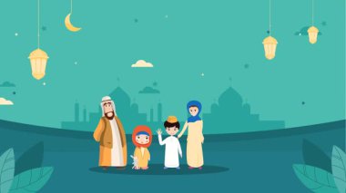 Ramazan Kareem 'deki Müslüman aile geleneksel kıyafet vektörü illüstrasyonuyla kutlama yapıyor.