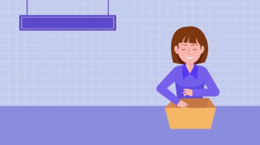 Vektör çizimi. Mavi gömlekli ve kot pantolonlu hediye kutulu bir kadın.