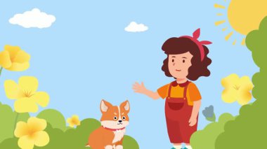 Köpek çizgi filminde kadın, sevimli hayvan doğası köpek yavrusu çizimi.