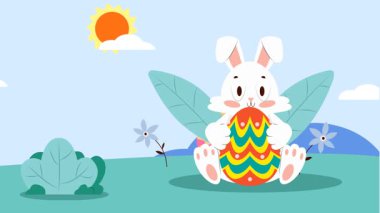 Peyzaj vektör çiziminde tavşan ve yumurtalı mutlu paskalya kartları.