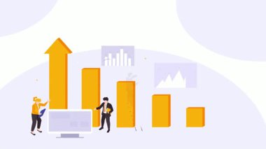 Grafik grafiğinin önünde duran işadamı ve kadın, iş büyümesi, büyüme, başarı konsepti, düz vektör illüstrasyonu