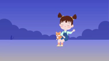 Ormanın arka planında tatlı kız ve kedi