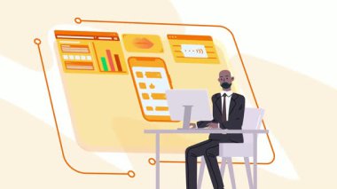 Ofiste dizüstü bilgisayarı olan bir yönetici. Ofiste menajeri olan bir karakter. düz vektör illüstrasyonu.