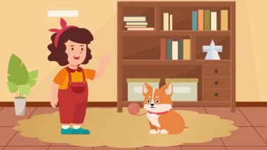Bahçesinde köpek ve köpek olan sevimli çizgi film kızı.