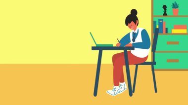 Masada elinde kitaplarla oturan ve deftere yazan genç bir kız öğrenci. düz çizgi film vektör illüstrasyonuName.