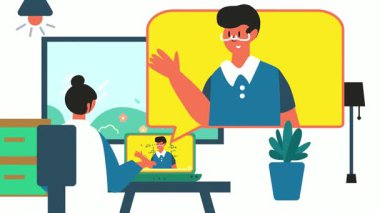 Düz vektör tasarımı çizimi. Dizüstü bilgisayarlı kadın ve erkek.