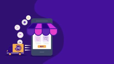 Alışveriş sepeti ve alışveriş çantası vektör illüstrasyonlu akıllı telefon