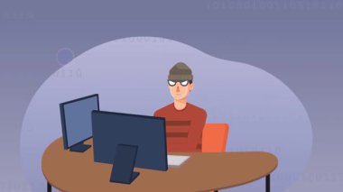 Bir adam dizüstü bilgisayarla çalışıyor. Adamın biri masada oturuyor ve internetteki bir bilgisayarın başında çalışıyor. vektör illüstrasyonu