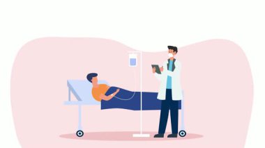 Tıbbi üniformalı doktor hastane koğuşundaki hastayı muayene ediyor..