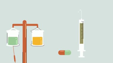 Paltolu bir doktor ve şırıngalı bir steteskop. Düz çizgi film tarzında vektör illüstrasyonu.