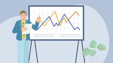 İş grafiğinin arka planında grafiği olan takım elbiseli bir iş adamı..