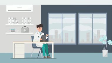 Hastane ofis vektör çiziminde dizüstü bilgisayarı olan bir doktor.