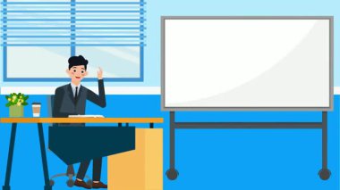 Dizüstü bilgisayarı ve panosu olan bir adam. Vektör çizimi. düz biçim.