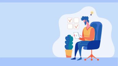 Bilgisayarı ve akıllı telefonu olan bir adam. Vektör çizimi. düz dizayn.