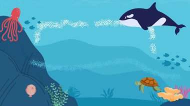 Su altında yüzen deniz hayvanlarının olduğu karikatür sahnesi - çocuklar için resimleme