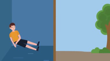 Bir evin önündeki genç adamın karikatür çizimi.