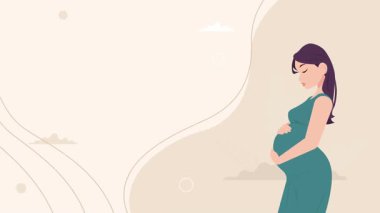 Hamile kadın karnının üstünde duruyor ve çiçeklerle karnını arıyor. Mutlu bir aile. düz biçim.