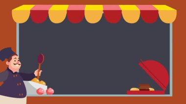 Çizgi film şefi masada yemek pişiriyor.