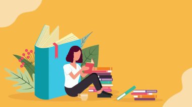 Kitap okuyan ve kütüphanede okuyan bir kız. vektör illüstrasyonu.